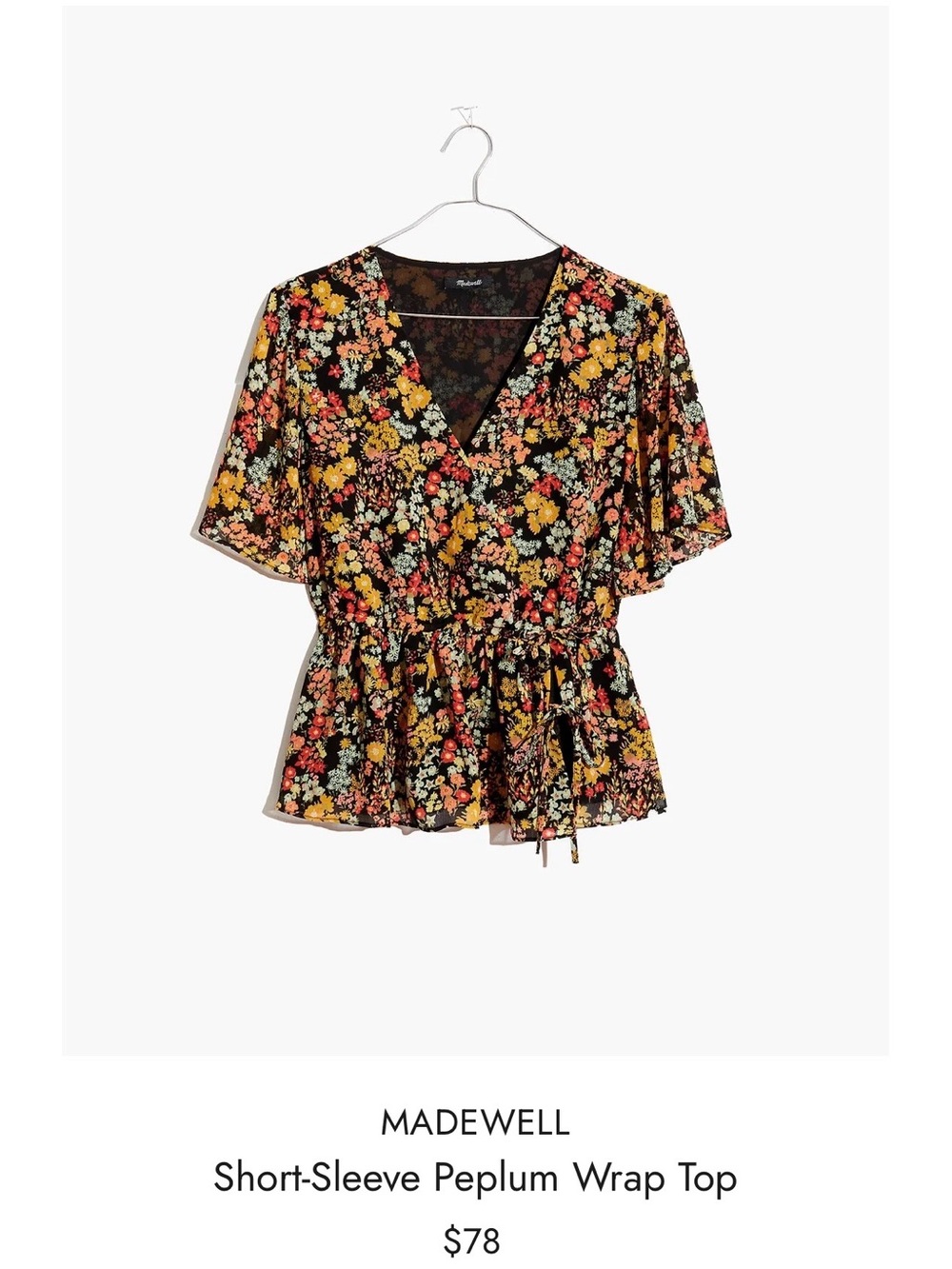 Madewell Black Floral Peplum Wrap Top with Yellow & Red Accents- NWT, Size Small
